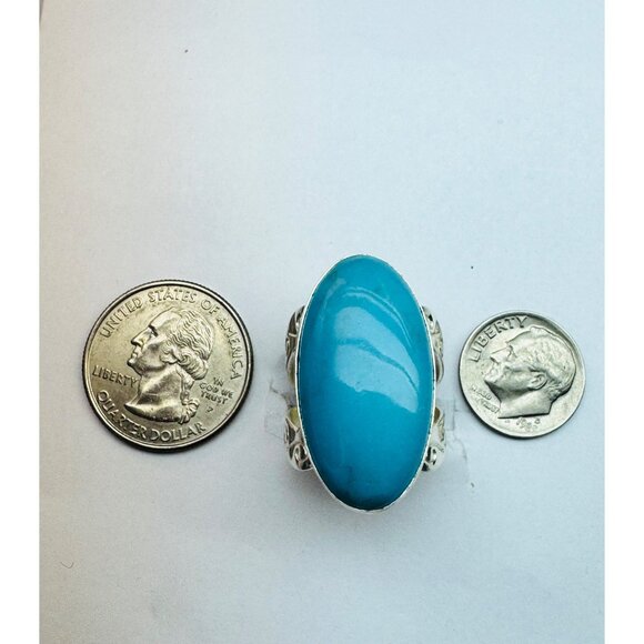 Bold Statement Turquoise Ring Sterling Silver 925 Filigree Band Size 9.5, 13.42g - Picture 10 of 11